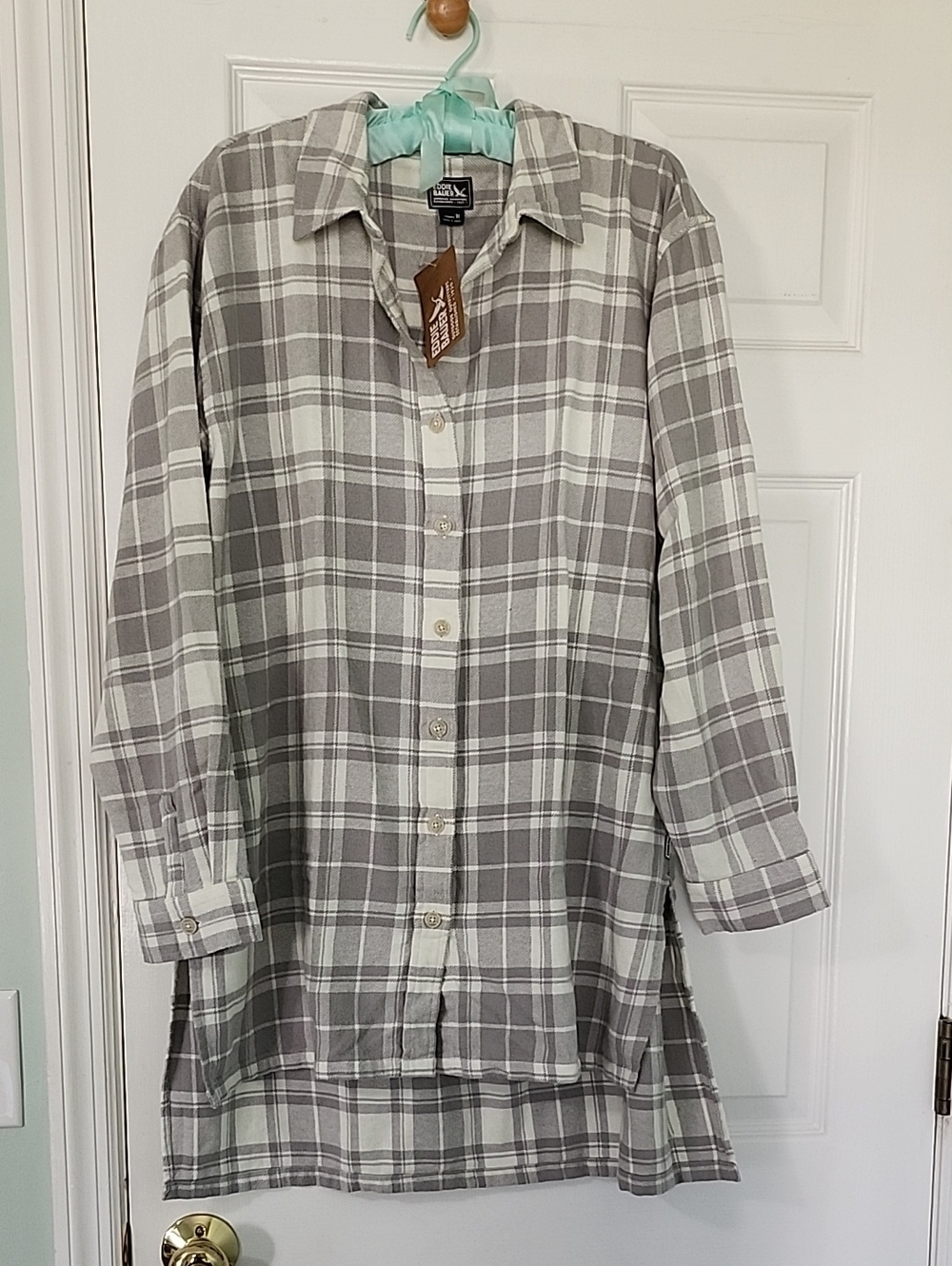 Eddie Bauer Ballard Flannel Gray and White Plaid Long Sleeve Button Tunic Shirt